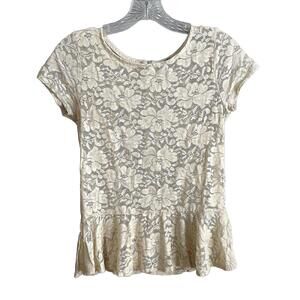 Y2K Cream Floral Lace Peplum Fairy Short Sleeve Zip Back Top Size M